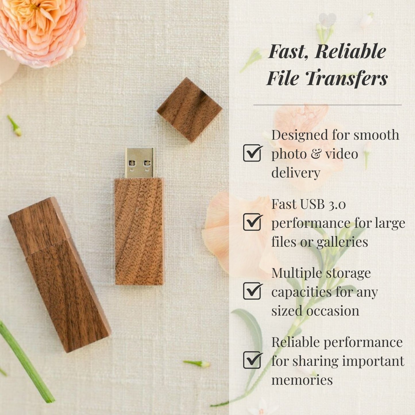 Walnut Wood Square Cut with Cap USB 3.0 High Speed