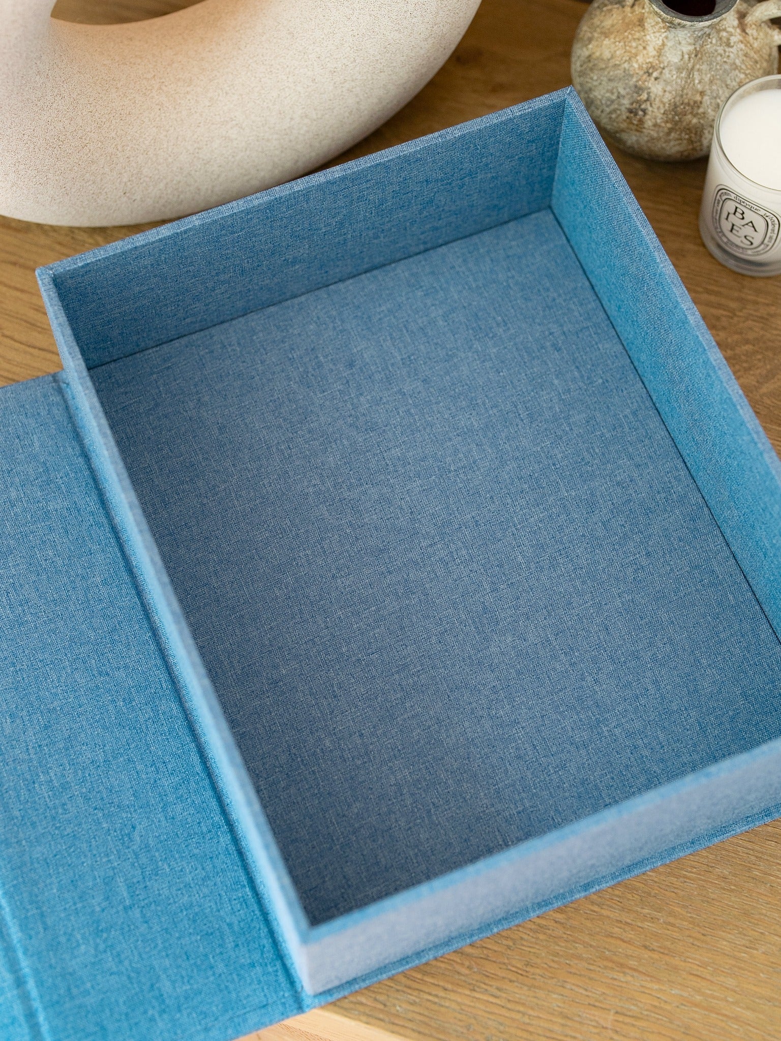 French Blue | Open Book Style keepsake box showing linen interior