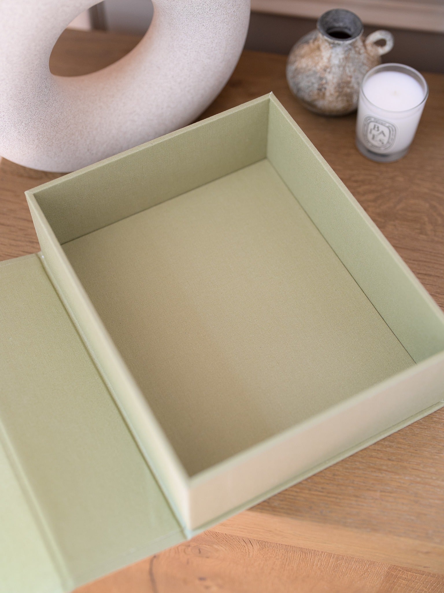 Sage Green | Open Book Style keepsake box showing linen interior