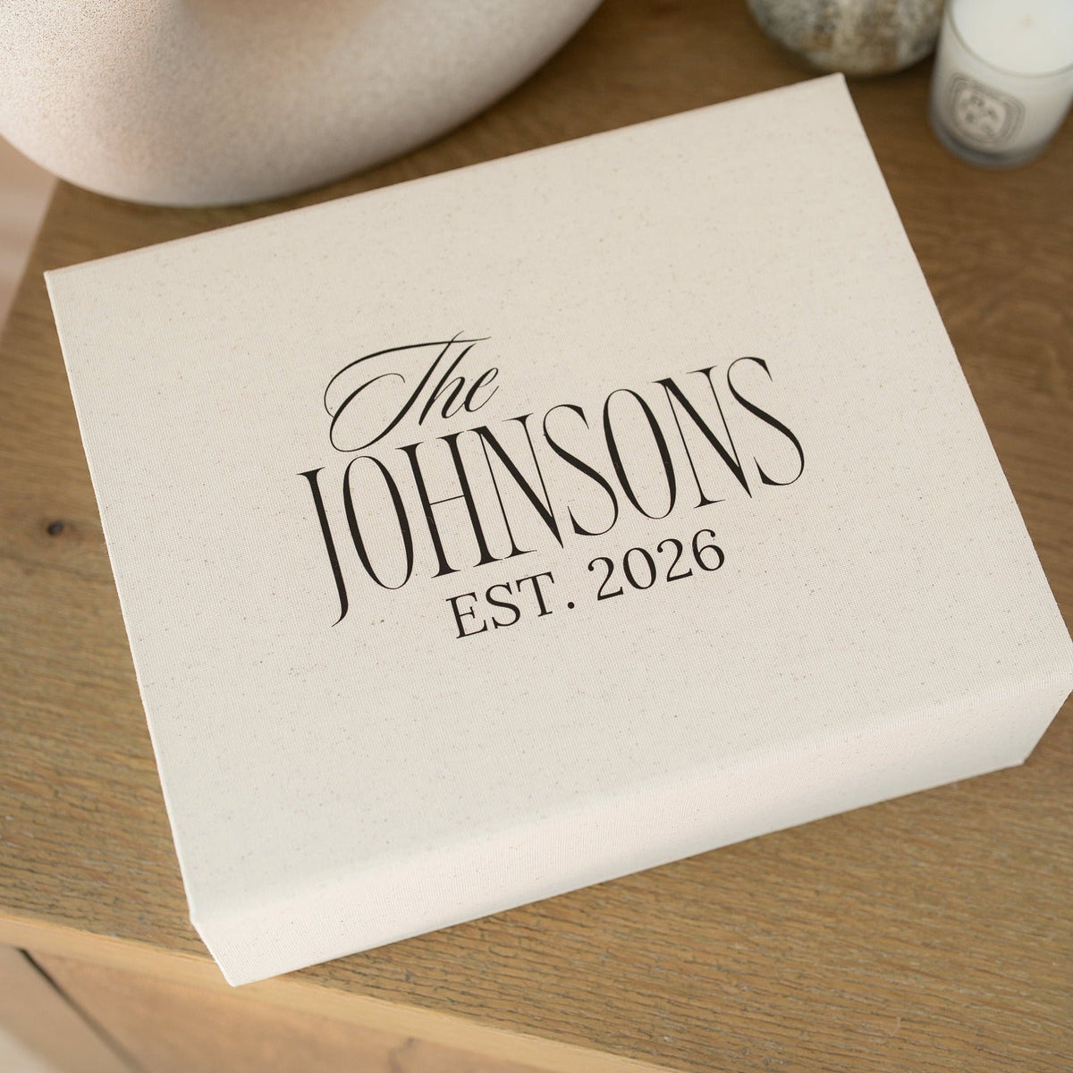 Cream personalized linen keepsake box with The Johnsons wedding design