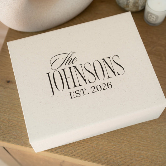 Cream | personalized keepsake box with The Johnsons Est. 2026 design