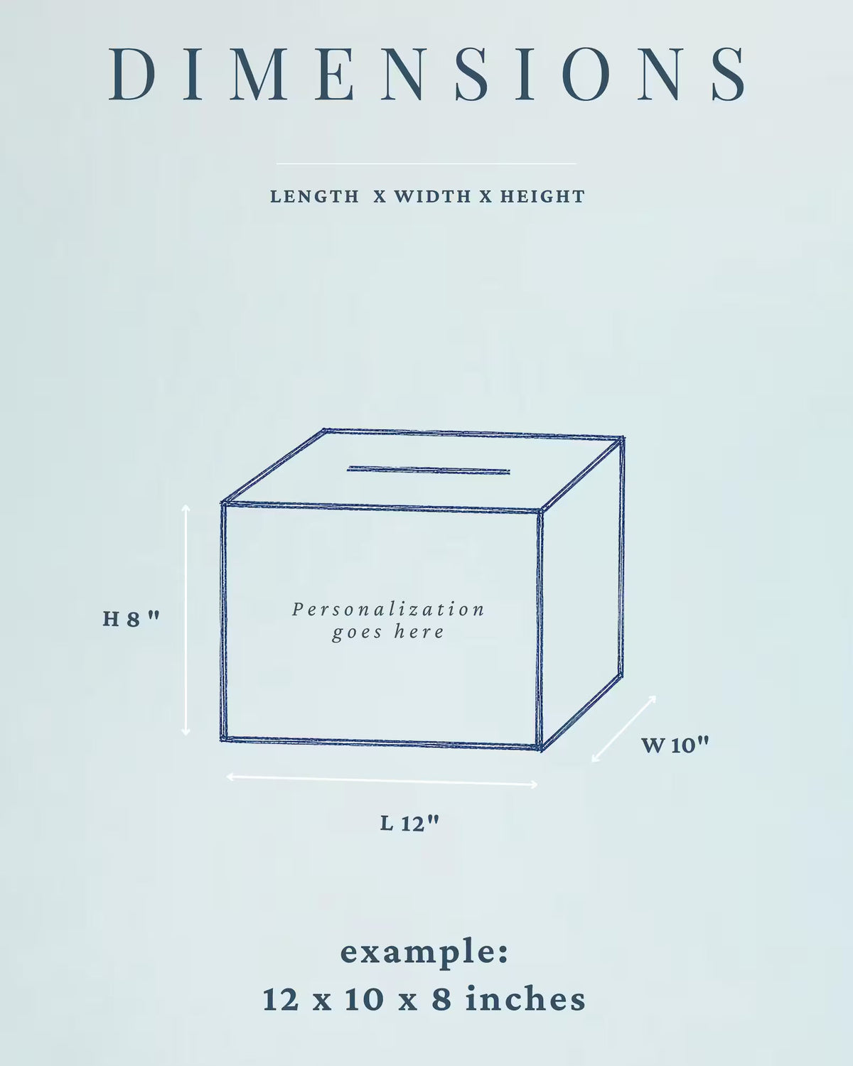 Wedding card box dimensions guide showing length, width, and height