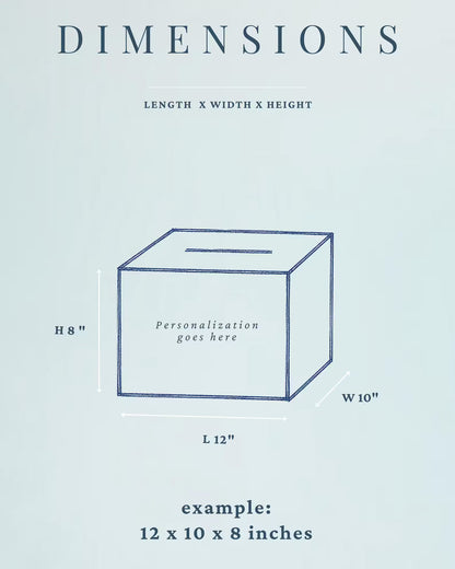Wedding card box dimensions guide showing length, width, and height